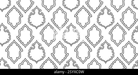 Mashrabiya print. Arabic window and islamic doors frame shape seamless pattern. Oriental architecture elements. Stock Vector