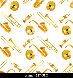 Musical instruments pattern featuring brass and woodwind instruments on white background Stock Vector
