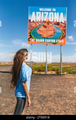 Welcome to Arizona road sign. Large welcome sign greets travels in Paje Canyon, Arizona, USA Stock Photo