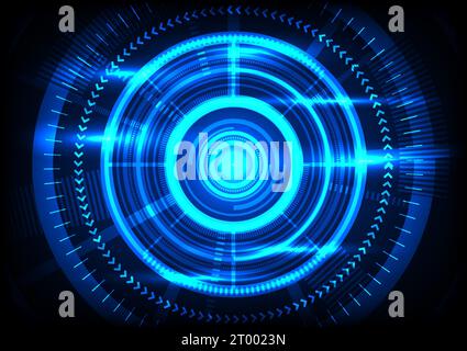 Technology background technology circle at the center of the Internet network system distributes information to various locations. Stock Vector