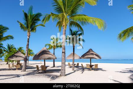Le Morne beach Mauritius Tropical beach with palm trees and white sand blue ocean Stock Photo