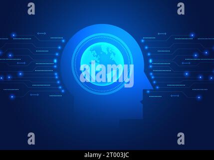 Artificial intelligence robot has globe inside and has a circuit board on the side Refers to the AI system that is being used all over the world to he Stock Vector
