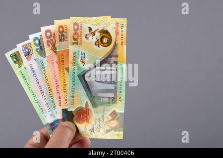 Papua New Guinean money in the hand on a gray background Stock Photo