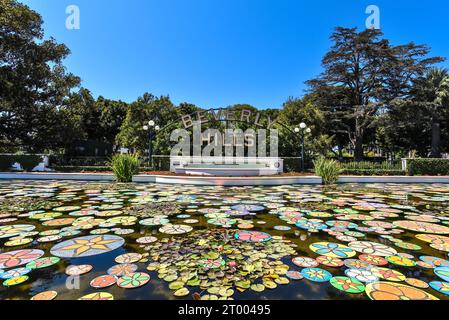 The Neon Nights in 3D Installation on Lily Pond by the Beverly Hills Sign - August 2017 Stock Photo