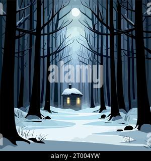 Small wooden hut in fairy dark forest in snowy Around hut on snow trail, vector illustration Stock Vector