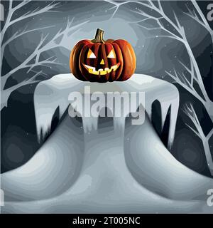 Halloween carved pumpkins and bats in the snowy forest vector illustration. Vector illustration Stock Vector