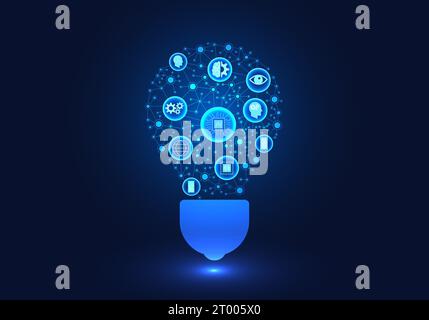 Artificial intelligence in the light bulb refers to the use of smart technology or artificial intelligence to help in solving various problems and ini Stock Vector
