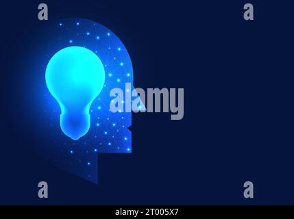 Light bulb is inside the robot's head. It means that technology or artificial intelligence can help support new ideas or solve problems using technolo Stock Vector