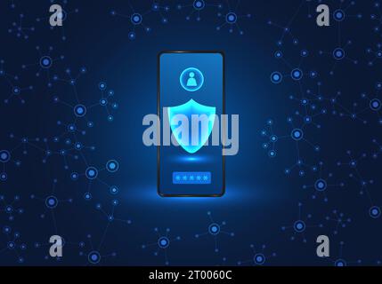 Phone is surrounded by viruses. smartphone protection technology Preventing personal data from leaking or preventing data corruption attacks is a wide Stock Vector