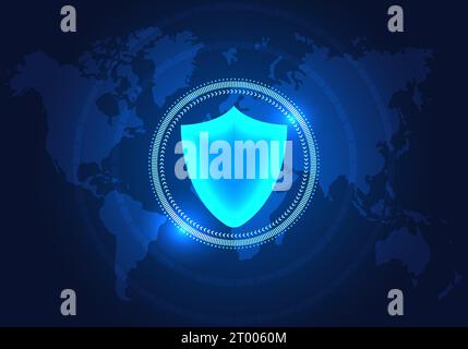 Technology shield is on the world map with the technology circle. It is software used to protect against data theft or cyber attacks. It is commonly u Stock Vector