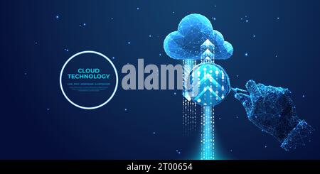 Hand with magnifying glass and digital cloud, arrows up and down Stock Vector