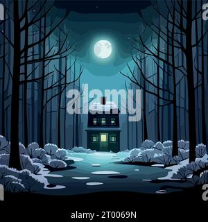 Landscape with moon moonlit night dark mysterious black forest and a home cottage house in winter, vector illustration Stock Vector