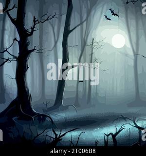 Halloween pumpkins in the dark spooky forest. Vector Illustration for Halloween. Stock Vector