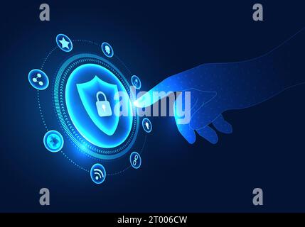 Businessman hand pointing to shield Refers to the technology that businessmen choose to deal with problems within the company, not to lose company or Stock Vector