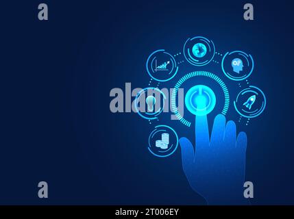 Businessman's finger is pressing the open button This Refers to modern business with the introduction of smart technology to help manage the company i Stock Vector