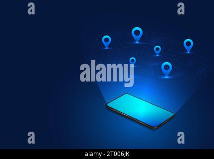 Map technology Available in smartphones, users can specify the location or share the location of the destination to travel. Technology that uses netwo Stock Vector