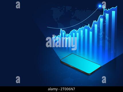 Smartphone technology shows a picture of a rising stock graph. A mobile phone is used to access a number of companies we are interested in doing busin Stock Vector