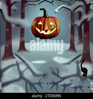 Halloween carved pumpkins and bats in the snowy forest vector illustration. Vector illustration Stock Vector