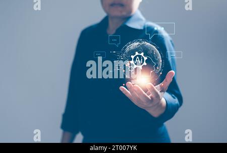 Chatbot Chat with AI, Artificial Intelligence. Businesswoman using technology smart robot AI, artificial intelligence by enter command prompt for gene Stock Photo