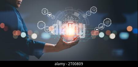 Chatbot Chat with AI, Artificial Intelligence. Businesswoman using technology smart robot AI, artificial intelligence by enter command prompt for gene Stock Photo