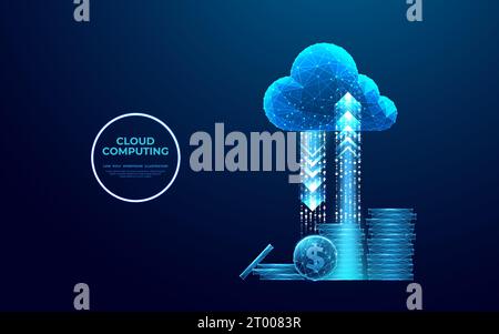 Digital cloud icon with arrows up and down and dollar coins tower.  Stock Vector