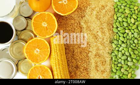 raw materials that are needed in everyday life and that are traded on the stock market, such commodities as coffee, milk, metal, oranges, corn, rice Stock Photo
