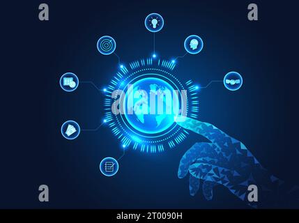 Businessman finger pointing at the globe with icon It means that business people work through smart technology systems. I wish the business to progres Stock Vector