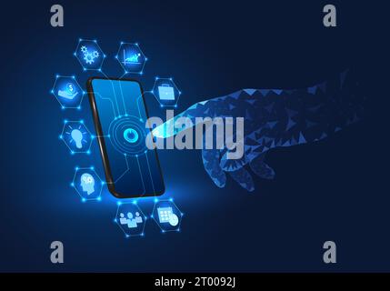 Businessman finger tapping on a smartphone with a business icon Refers to the technology of the future that helps business people manage well. It work Stock Vector