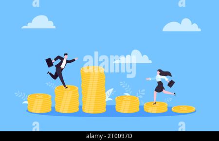 Salary and gender Inequality gap between women and men business concept flat style design vector illustration. Man and woman stand on its level of mon Stock Vector