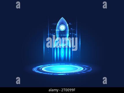 Rocket is above the technology circle. It means using smart technology to help the company's business grow and expand rapidly. Both in the online worl Stock Vector