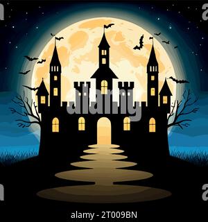 Halloween pumpkins on road and dark castle on blue Moon background with ...