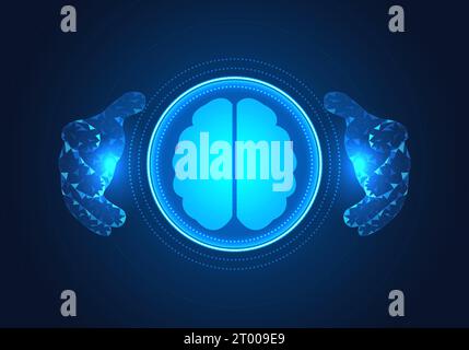 Two hands embracing the technology of artificial intelligence Refers to people who feed data to the AI system to process and work with humans. It save Stock Vector