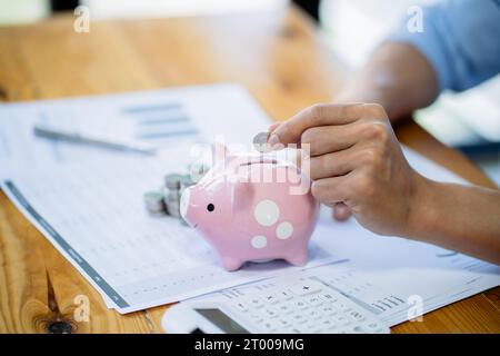 Close up of money stack coins and Dollar banknotes Saving money financial banking concept Stock Photo