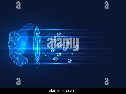 Hand controlling smart technology networks Today's technology allows people to have one-handed access to various information sources, sending data, e- Stock Vector