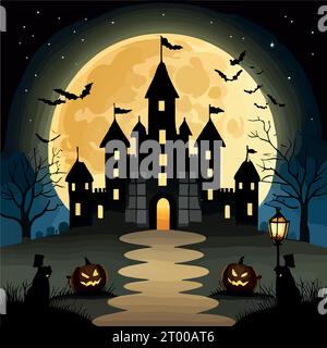 Halloween pumpkins on road and dark castle on blue Moon background with ...