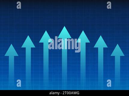Blue arrow pointing upward and The back is a grid on a dark blue background. represents the growth of the business in order to reach the set goals Stock Vector