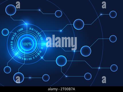 Technology circle that spreads energy to other technology circles. like a battery system that continues to send power, blue background Stock Vector