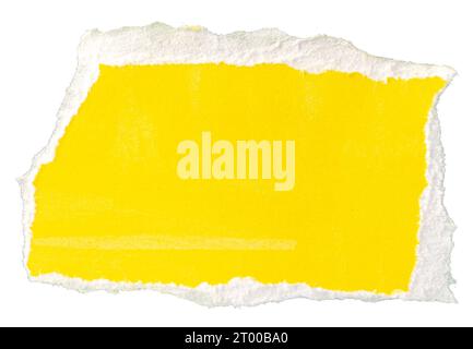 Ripped yellow paper note message isolated on white background Stock Photo