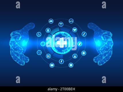 Technology circle in the middle and with the doctor's two hands wrapped around Medical technology that uses smart technology to help patients access i Stock Vector