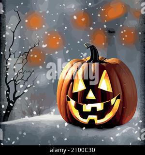 Halloween carved pumpkins and bats in the snowy forest vector illustration. Vector illustration Stock Vector