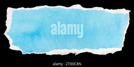 Ripped blue paper note message template isolated on black background Stock Photo