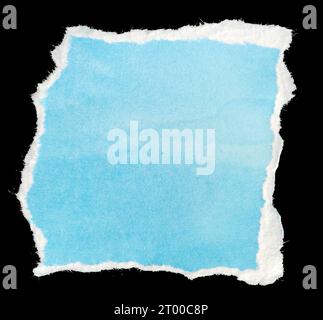Ripped blue paper note message template isolated on black background Stock Photo