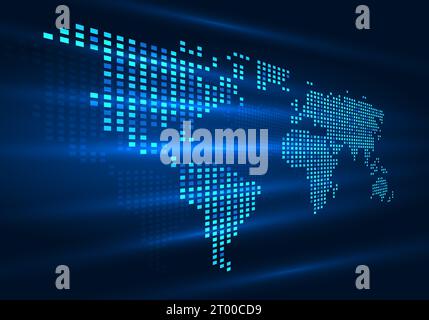 Abstract Background Technology Map of the world made up of tiny pixels. and there is light across the sheet The background uses a dark blue color. It Stock Vector