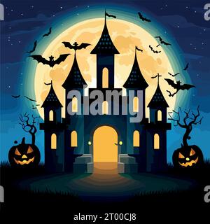 Halloween pumpkins on road and dark castle on blue Moon background with ...