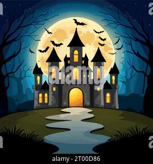 Halloween pumpkins on road and dark castle on blue Moon background with ...