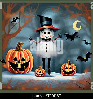 Halloween carved pumpkins and bats in the snowy forest vector illustration. Vector illustration Stock Vector