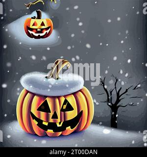 Halloween carved pumpkins and bats in the snowy forest vector illustration. Vector illustration Stock Vector