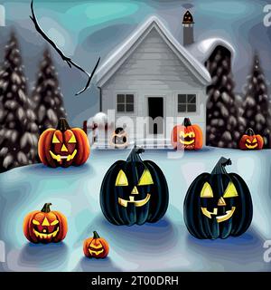 Halloween carved pumpkins and bats in the snowy forest vector illustration. Vector illustration Stock Vector