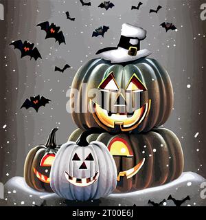 Halloween pumpkins in a snowy in a garden and bats in the vector ...