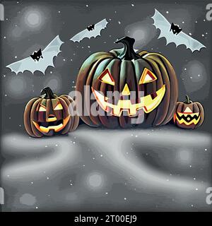 Halloween carved pumpkins and bats in the snowy forest vector illustration. Vector illustration Stock Vector